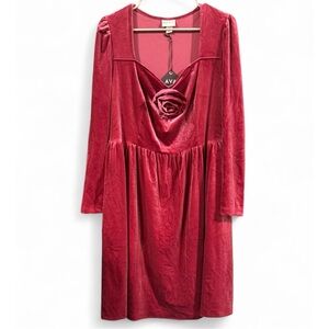 Size 1X Ava & Viv Red Long Sleeve Dress with Rose Detail